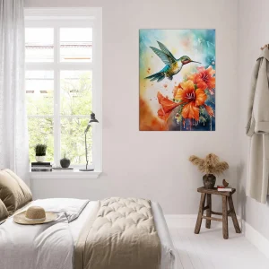 aquarelle colibri et glaïeuls rouges