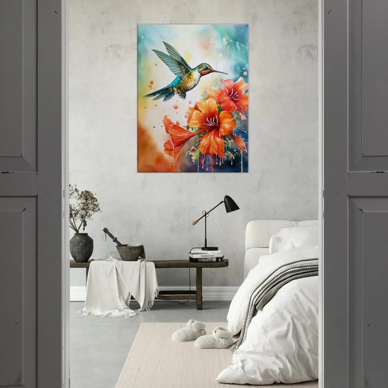 aquarelle colibri et glaïeuls rouges