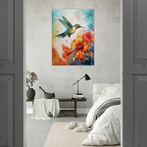 aquarelle colibri et glaïeuls rouges