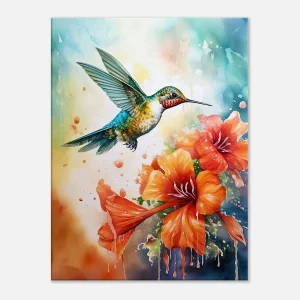 aquarelle colibri et glaïeuls rouges