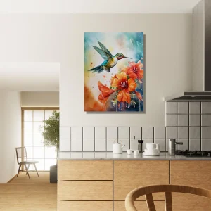 aquarelle colibri et glaïeuls rouges