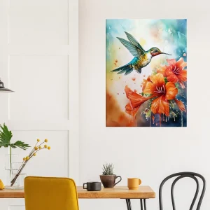 aquarelle colibri et glaïeuls rouges