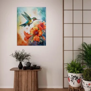 aquarelle colibri et glaïeuls rouges