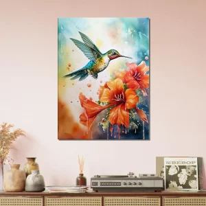 aquarelle colibri et glaïeuls rouges