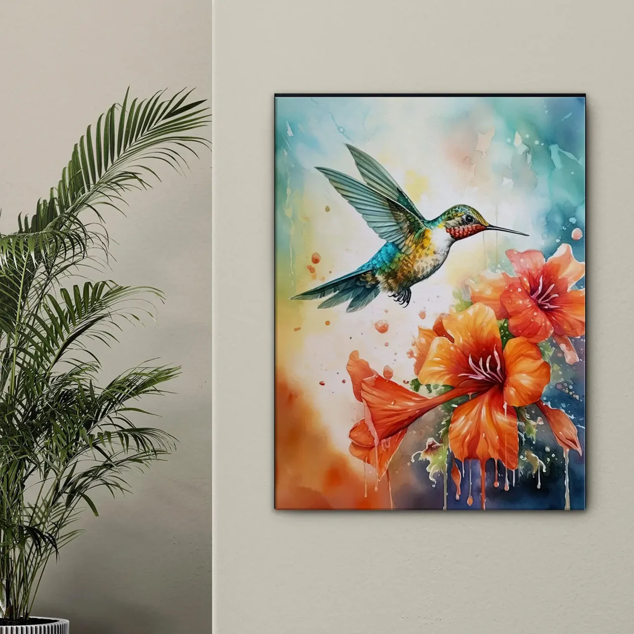 aquarelle colibri et glaïeuls rouges