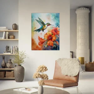 aquarelle colibri et glaïeuls rouges