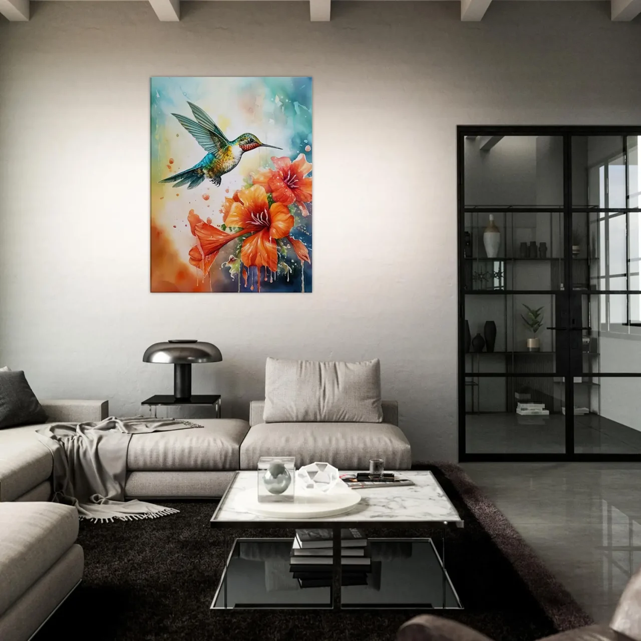 aquarelle colibri et glaïeuls rouges