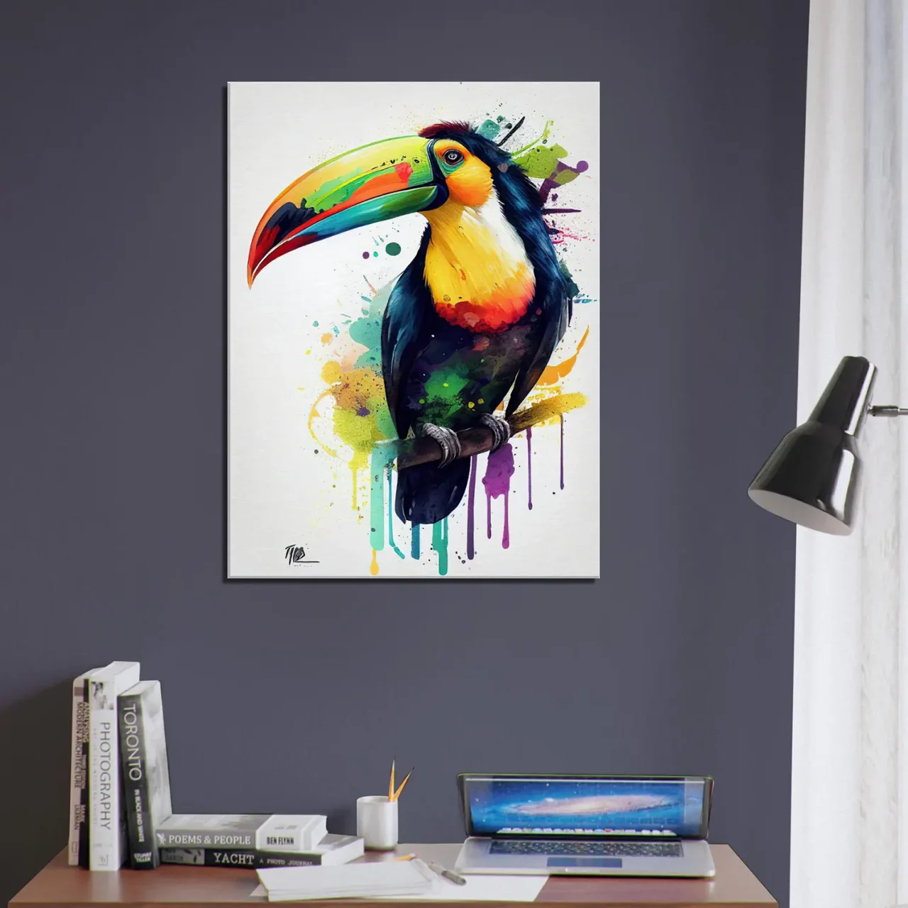 aquarelle toucan multicolore sur sa branche