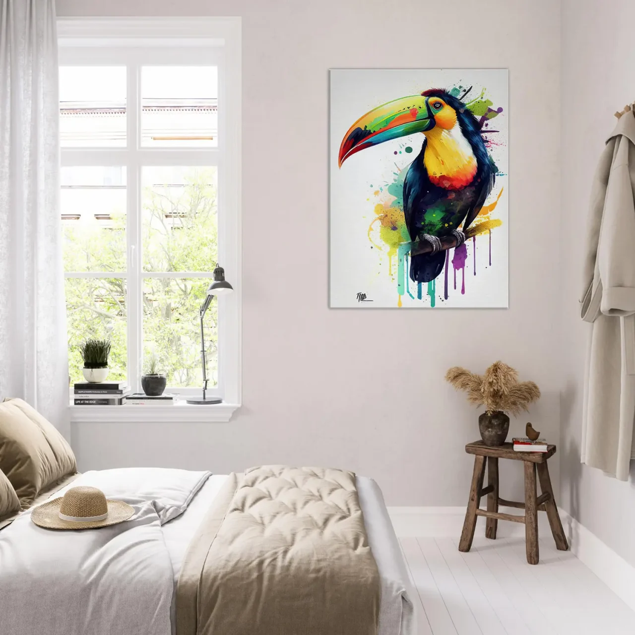 aquarelle toucan multicolore sur sa branche