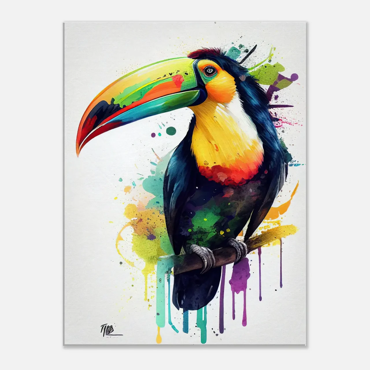 aquarelle toucan multicolore sur sa branche