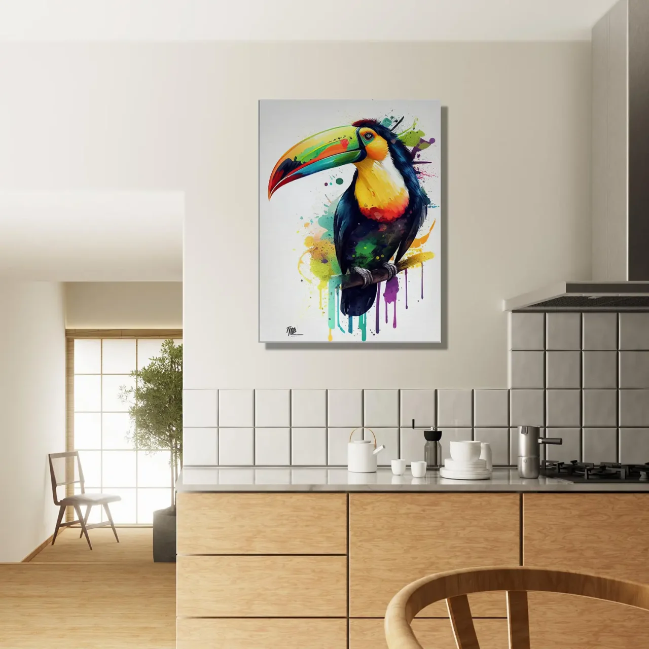 aquarelle toucan multicolore sur sa branche