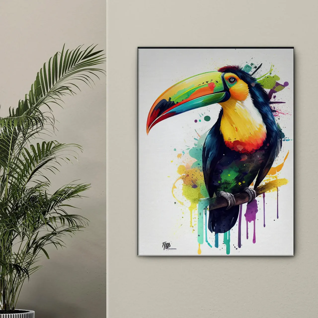 aquarelle toucan multicolore sur sa branche