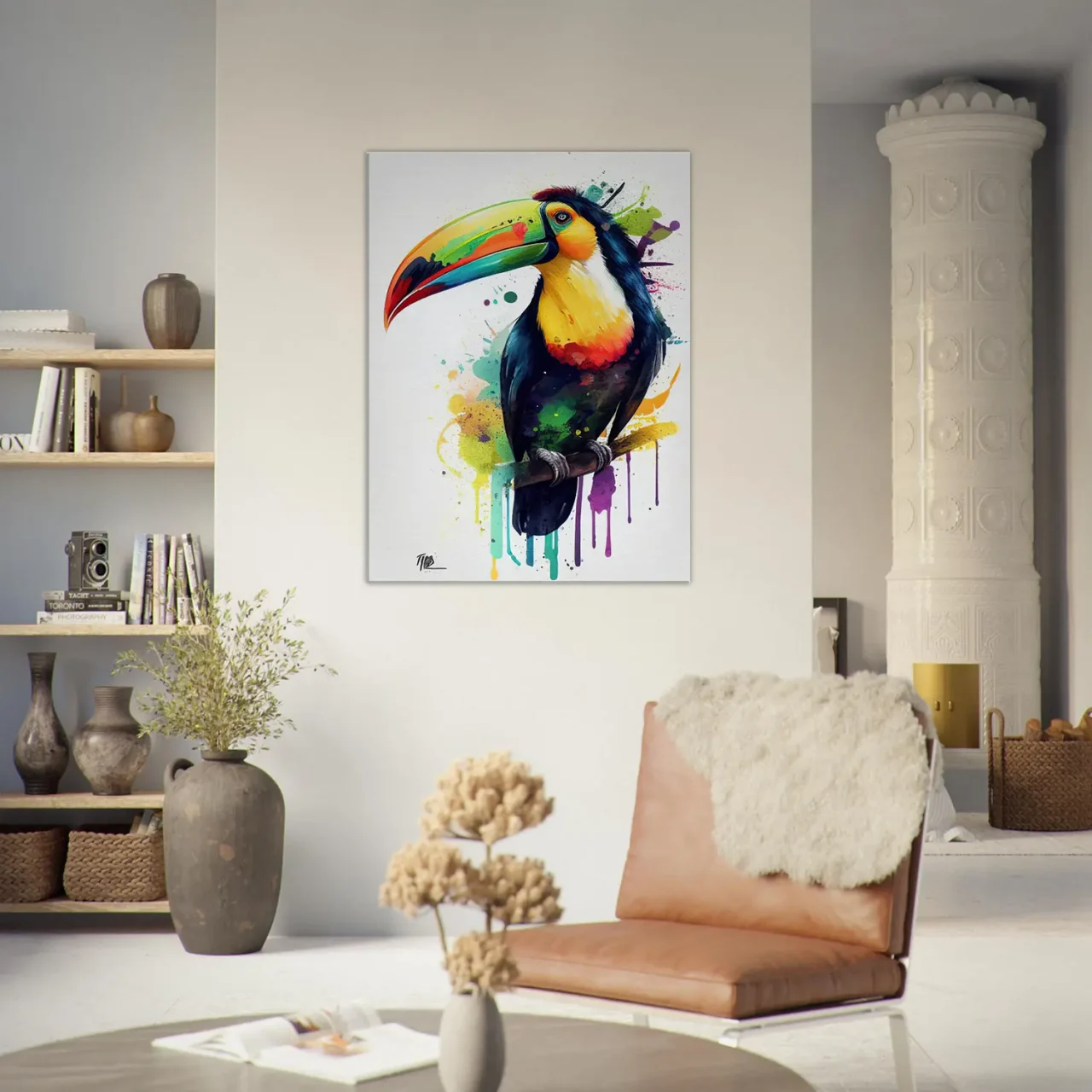 aquarelle toucan multicolore sur sa branche