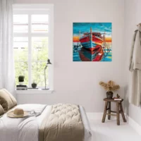 bateau de pêche rouge et bleu