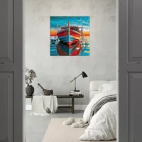 bateau de pêche rouge et bleu