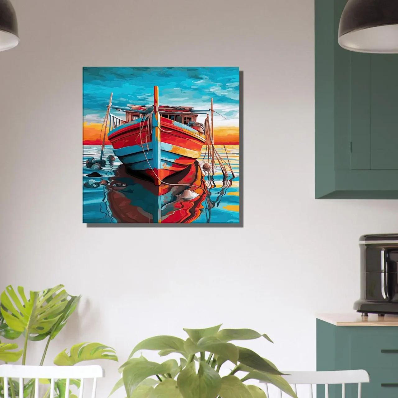 Cadre Bateau de pêche rouge et bleu bateau de pêche rouge et bleu