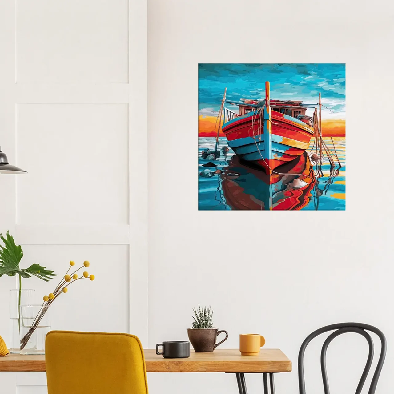 Cadre Bateau de pêche rouge et bleu bateau de pêche rouge et bleu