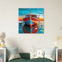 bateau de pêche rouge et bleu