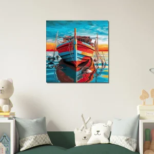 Cadre Bateau de pêche rouge et bleu bateau de pêche rouge et bleu