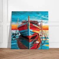 bateau de pêche rouge et bleu