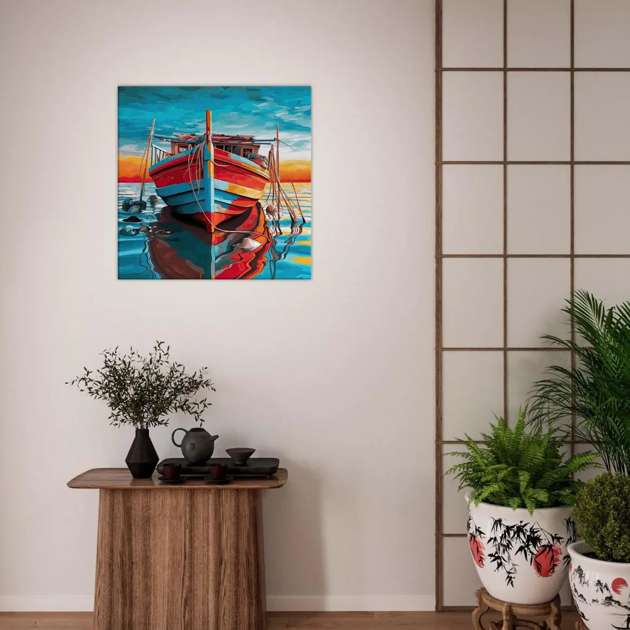 Cadre Bateau de pêche rouge et bleu bateau de pêche rouge et bleu