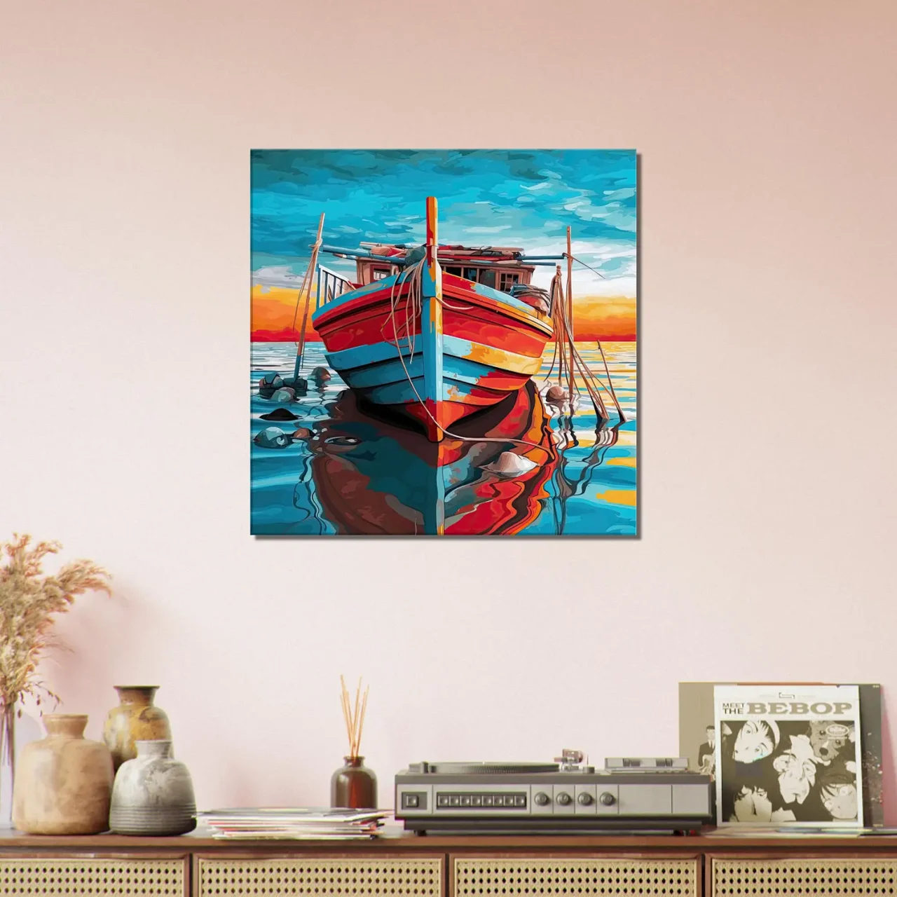 Cadre Bateau de pêche rouge et bleu bateau de pêche rouge et bleu