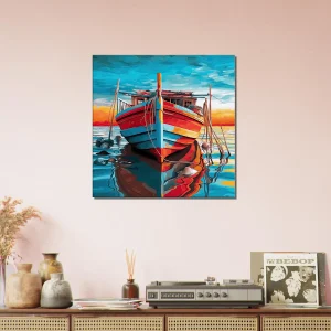 Cadre Bateau de pêche rouge et bleu bateau de pêche rouge et bleu