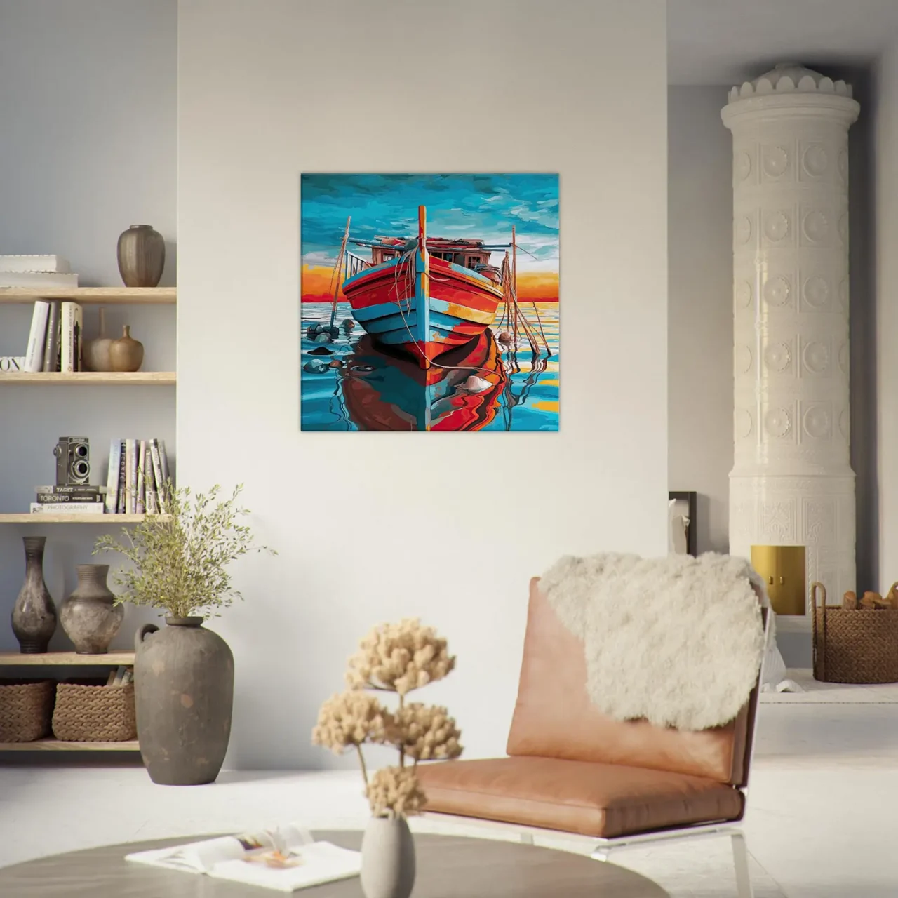 Cadre Bateau de pêche rouge et bleu bateau de pêche rouge et bleu