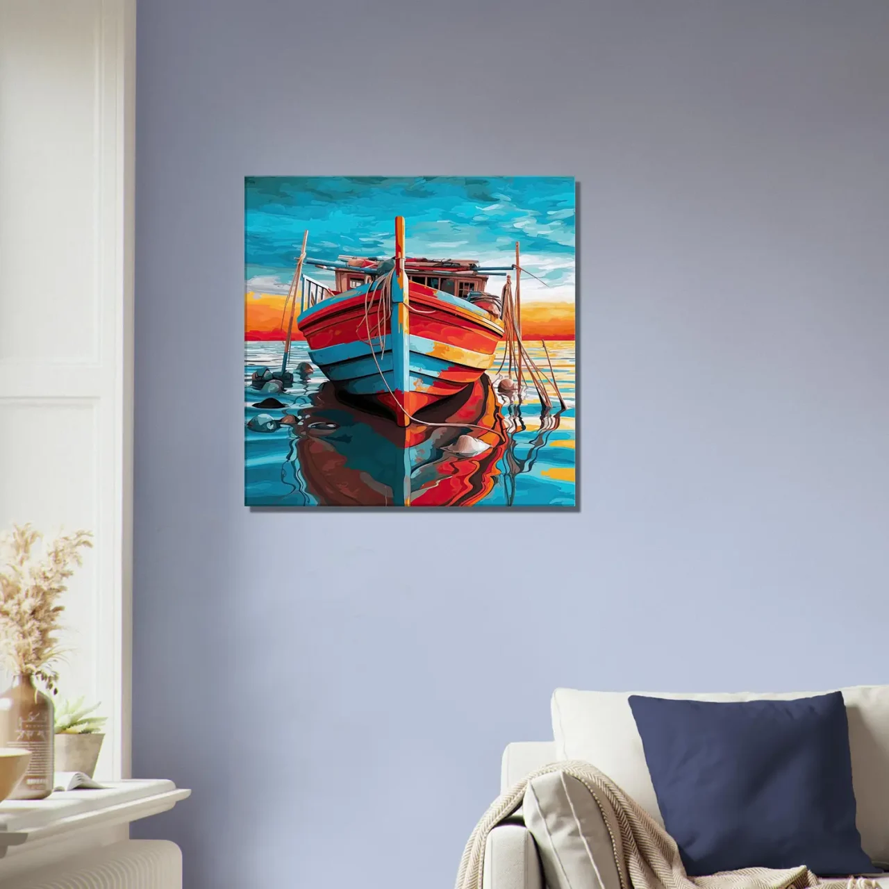 Cadre Bateau de pêche rouge et bleu bateau de pêche rouge et bleu