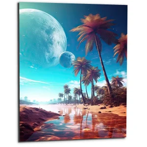 paysage fantastique plage palmiers et planetes paysage fantastique plage, palmiers et planetes