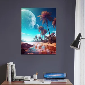 paysage fantastique plage, palmiers et planetes