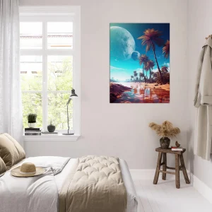 paysage fantastique plage, palmiers et planetes