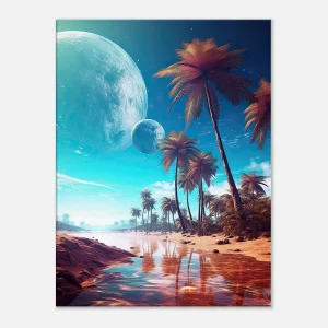 paysage fantastique plage, palmiers et planetes