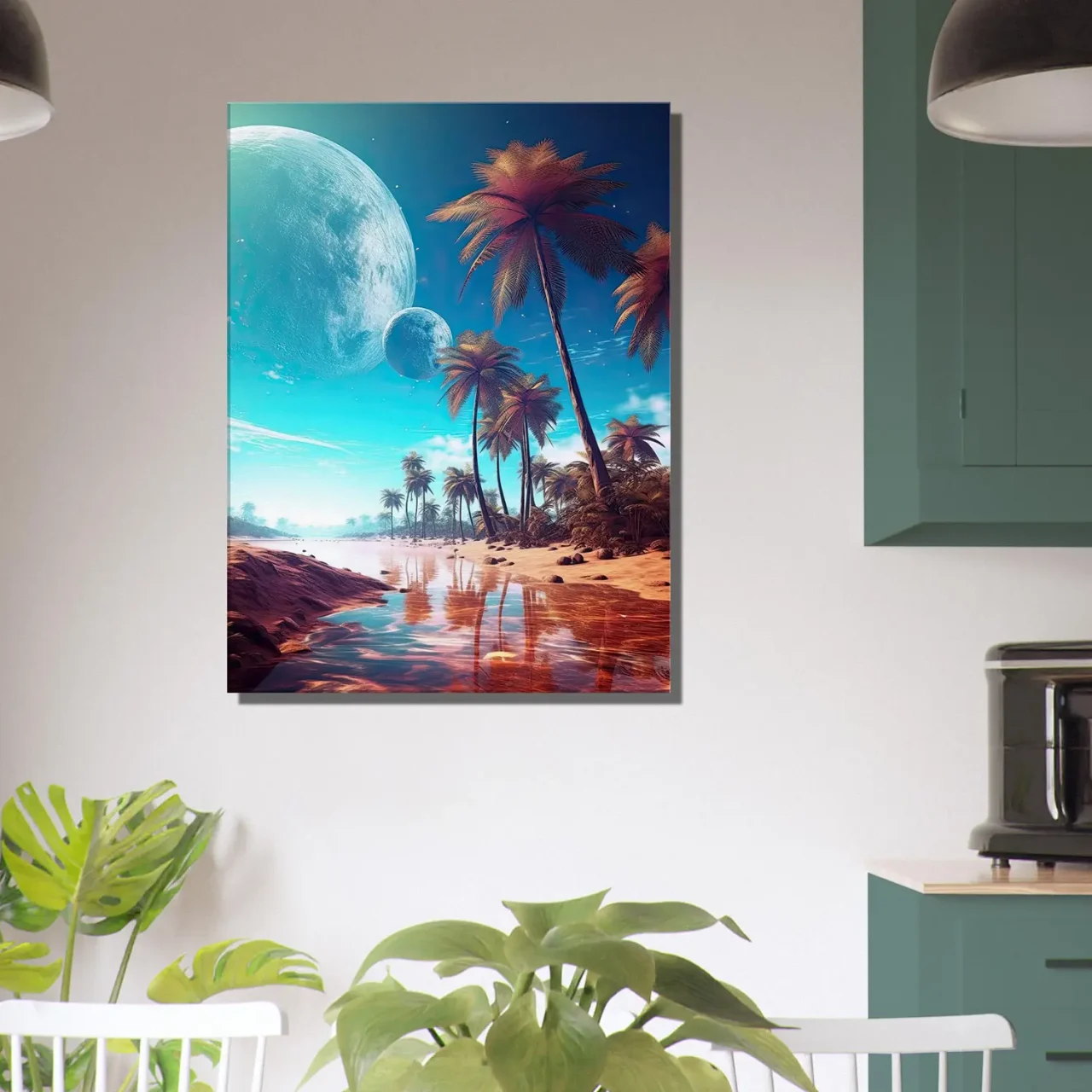 paysage fantastique plage, palmiers et planetes