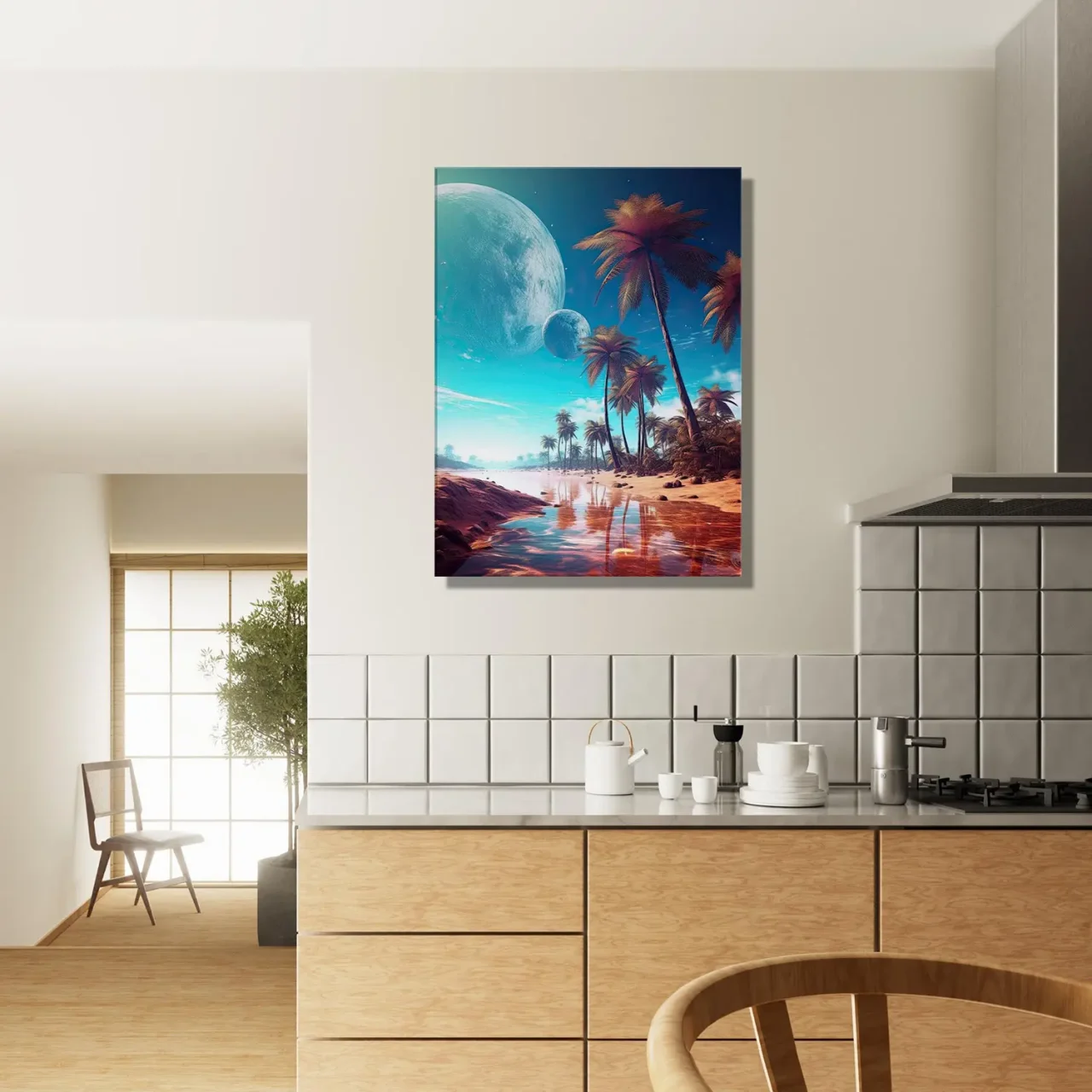 paysage fantastique plage, palmiers et planetes