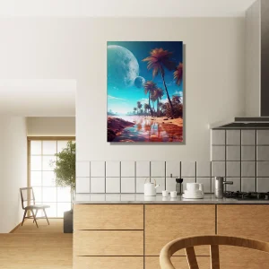 paysage fantastique plage, palmiers et planetes