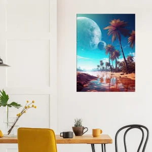 paysage fantastique plage, palmiers et planetes