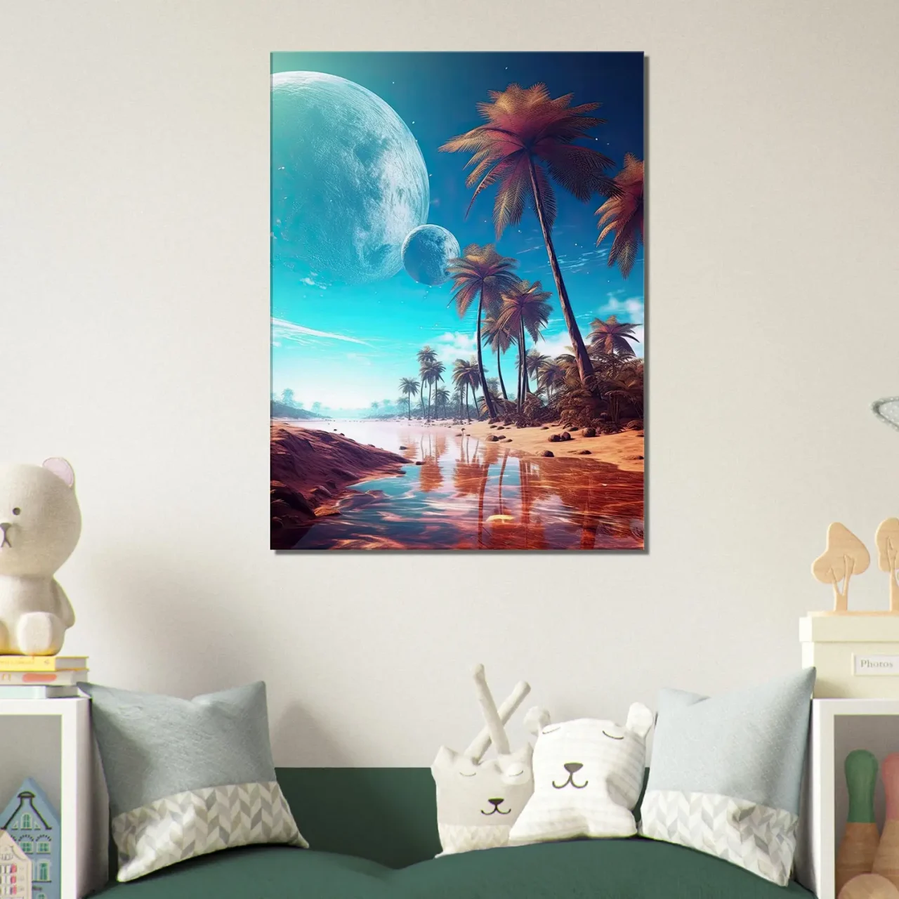 paysage fantastique plage, palmiers et planetes