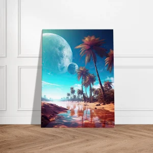 paysage fantastique plage, palmiers et planetes