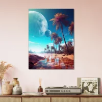 paysage fantastique plage, palmiers et planetes