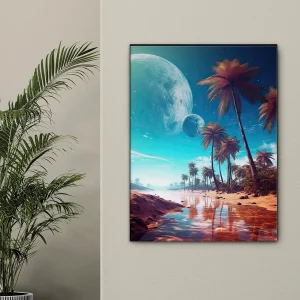 paysage fantastique plage, palmiers et planetes