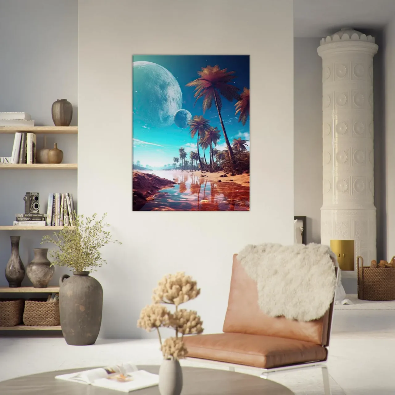 paysage fantastique plage, palmiers et planetes