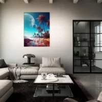 paysage fantastique plage, palmiers et planetes