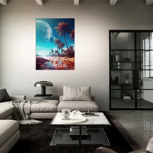 paysage fantastique plage, palmiers et planetes