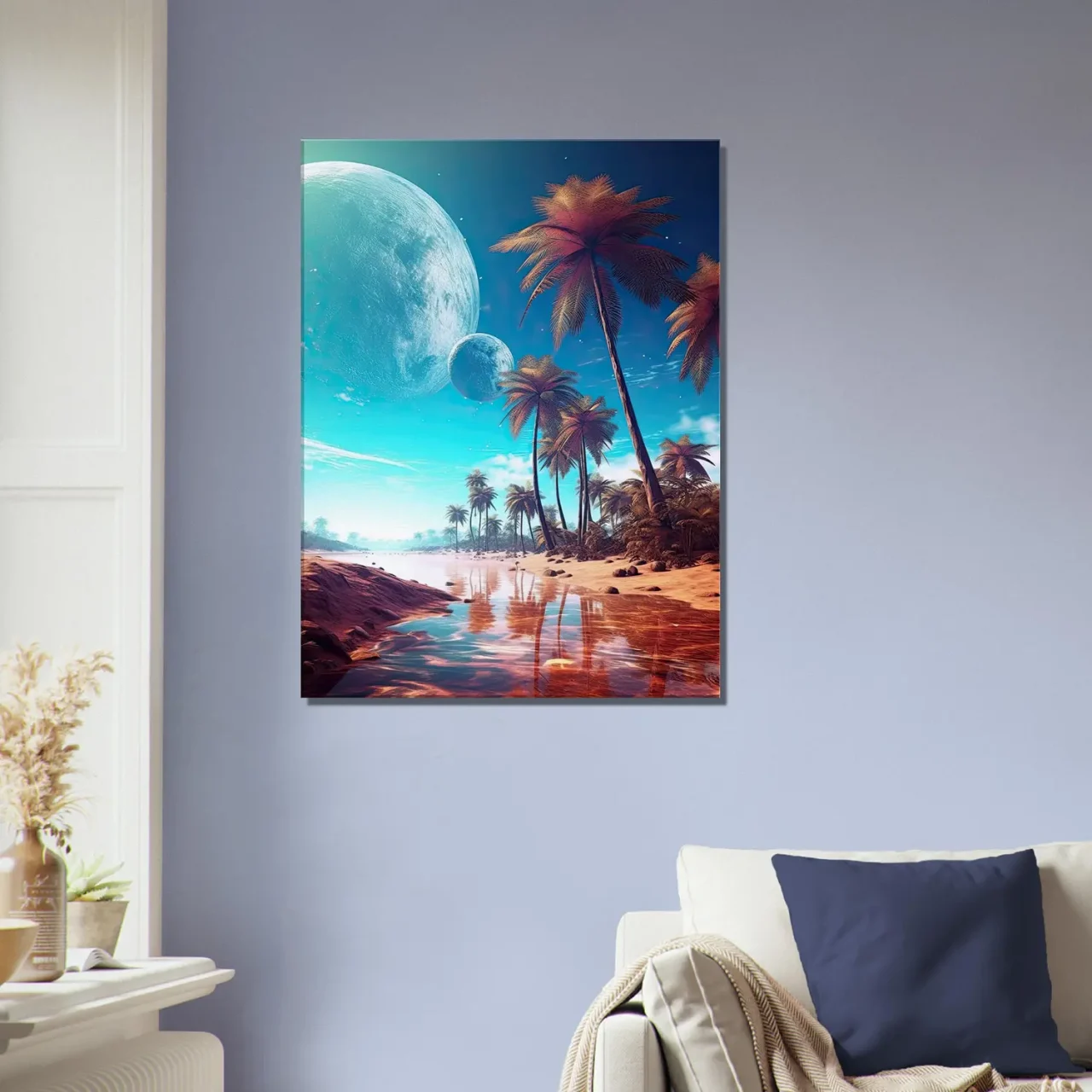 paysage fantastique plage, palmiers et planetes