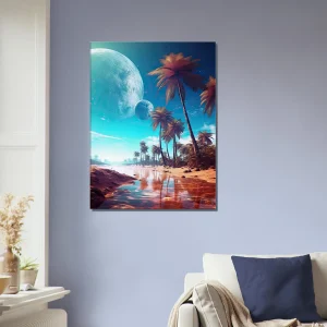 paysage fantastique plage, palmiers et planetes