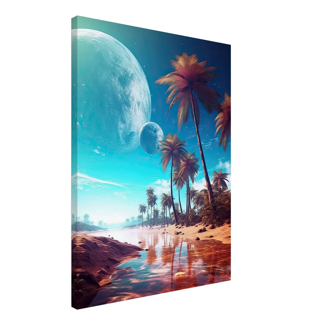 paysage fantastique plage, palmiers et planetes