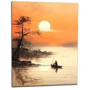 Paysage paisible d’Asie sur l’eau au coucher de soleil