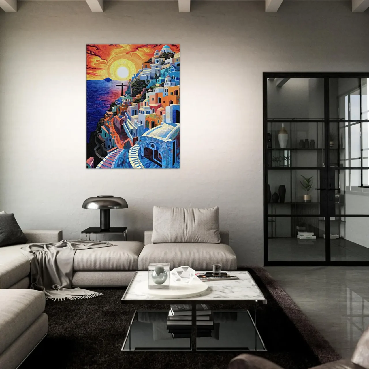 Cadre Paysage Santorini Peinture et Mosaique paysage santorini peinture et mosaique