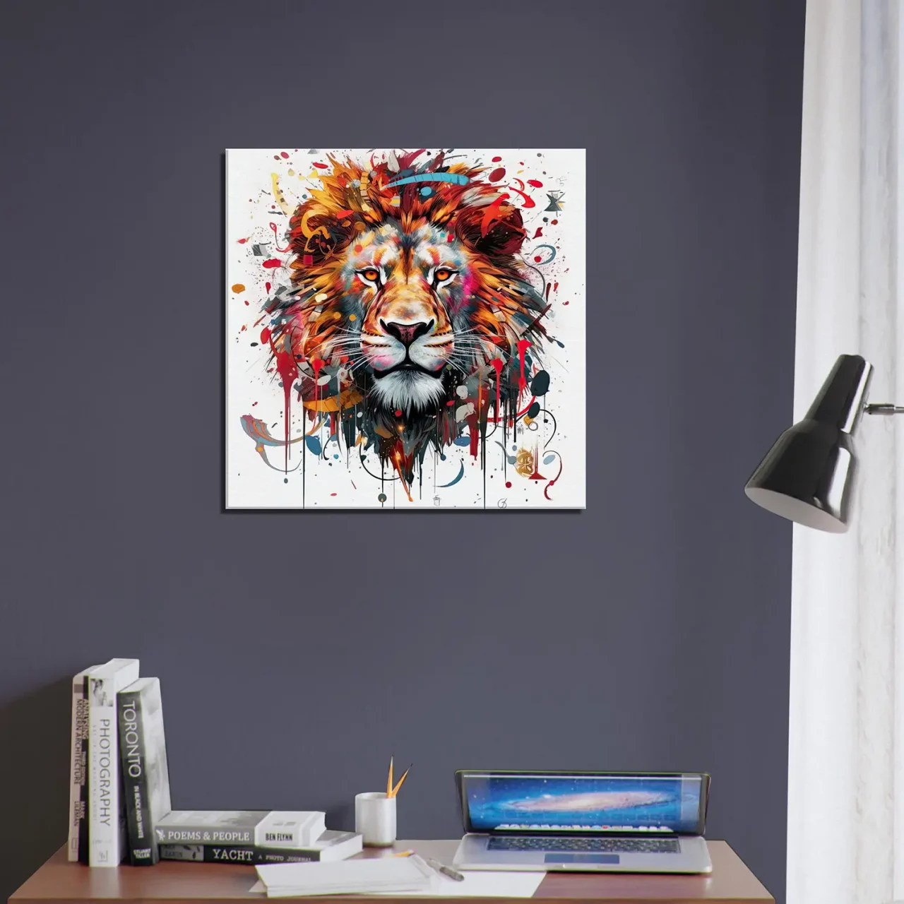 peinture portrait d'un lion couleurs rouge orangé